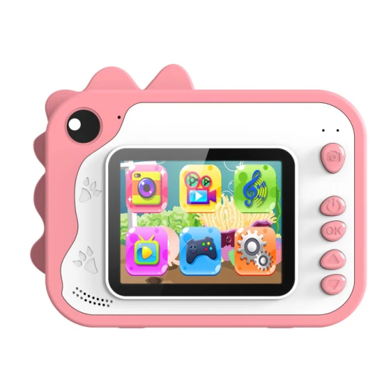 Gyerekkamera Kiddoboo FotoFun 2 Dino Pink - rózsaszín azonnali kamera gyerekeknek azonnali nyomtatással, színes markerekkel és szórakoztató képkeretekkel.