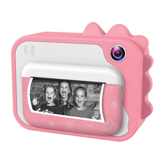 Gyerekkamera Kiddoboo FotoFun 2 Dino Pink - rózsaszín azonnali kamera gyerekeknek azonnali nyomtatással, színes markerekkel és szórakoztató képkeretekkel.