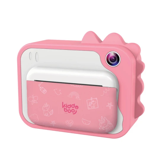 Gyerekkamera Kiddoboo FotoFun 2 Dino Pink - rózsaszín azonnali kamera gyerekeknek azonnali nyomtatással, színes markerekkel és szórakoztató képkeretekkel.