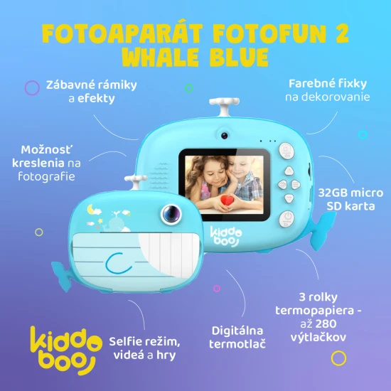 FotoFun 2 Whale Blue fényképezőgép - kék azonnali kamera gyerekeknek azonnali nyomtatással, színes markerekkel és szórakoztató képkeretekkel.