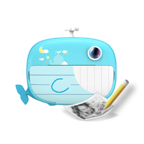 FotoFun 2 Whale Blue fényképezőgép - kék azonnali kamera gyerekeknek azonnali nyomtatással, színes markerekkel és szórakoztató képkeretekkel.