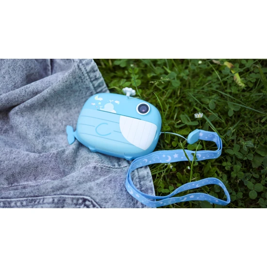 FotoFun 2 Whale Blue fényképezőgép - kék azonnali kamera gyerekeknek azonnali nyomtatással, színes markerekkel és szórakoztató képkeretekkel.