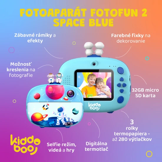 FotoFun 2 Space Blue fényképezőgép - kék azonnali kamera gyerekeknek azonnali nyomtatással, színes markerekkel és szórakoztató képkeretekkel.