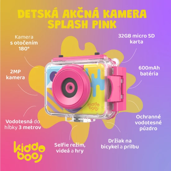 Gyermekakciókamera Kiddoboo Splash Pink - rózsaszín vízálló kamera forgatható kamerával és kiegészítőkkel az apró kalandokhoz.​