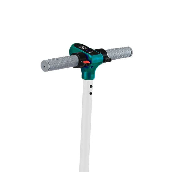 Fehér-zöld elektromos gyerekrobogó Kiddoboo KiddoRider csúszásmentes szőnyeggel, LED lámpával és összecsukható kerettel - ideális gyerekeknek 6 éves kortól.