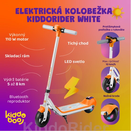 Fehér Kiddoboo KiddoRider elektromos gyerekrobogó csúszásmentes szőnyeggel, LED lámpával és összecsukható kerettel - ideális gyerekeknek 6 éves kortól.