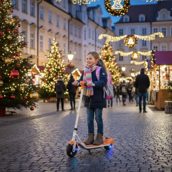 Fehér Kiddoboo KiddoRider elektromos gyerekrobogó csúszásmentes szőnyeggel, LED lámpával és összecsukható kerettel - ideális gyerekeknek 6 éves kortól.