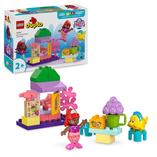 LEGO DUPLO készlet Ariellel és Šupinkával egy játékos kávésállványon.