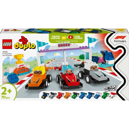 LEGO® DUPLO® F1® versenyautók és sofőrök: Építőkészlet járművekkel, sofőrökkel és darumodellel.