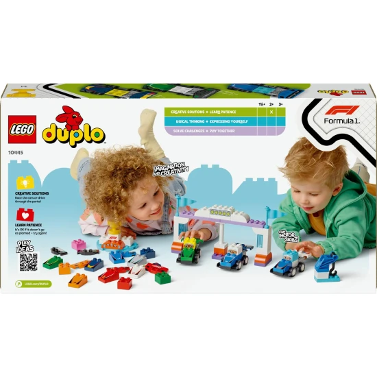 LEGO® DUPLO® F1® versenyautók és sofőrök: Építőkészlet járművekkel, sofőrökkel és darumodellel.
