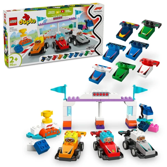 LEGO® DUPLO® F1® versenyautók és sofőrök: Építőkészlet járművekkel, sofőrökkel és darumodellel.
