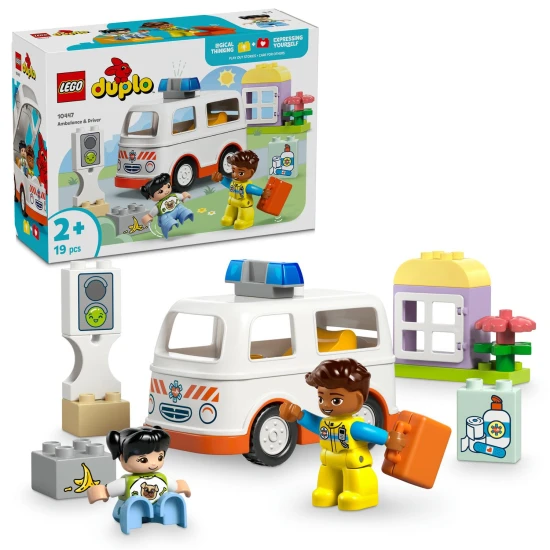 LEGO DUPLO mentőautó és sofőr egy lány, egy sofőr és egy mentőautó figurákkal, gyermek építőkészlet a szociális készségek és motoros készségek fejlesztéséhez.