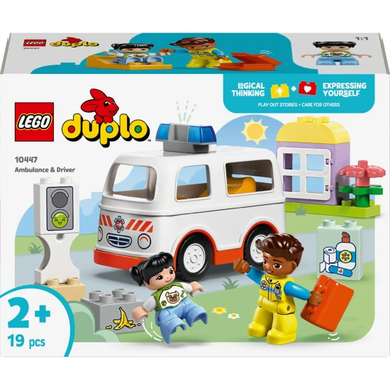 LEGO DUPLO mentőautó és sofőr egy lány, egy sofőr és egy mentőautó figurákkal, gyermek építőkészlet a szociális készségek és motoros készségek fejlesztéséhez.