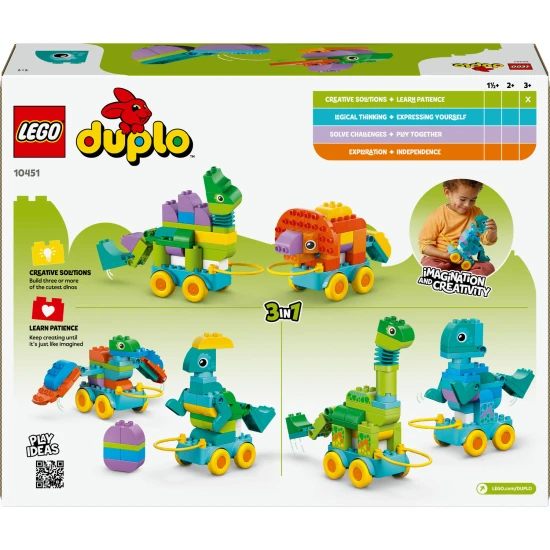 LEGO DUPLO 3 az 1-ben Dinoszauruszok kerekeken 10451 – Diplodocus, T-Rex, Triceratops, Stegosaurus, Pteranodon és Parasaurolophus építőjáték gyermekeknek