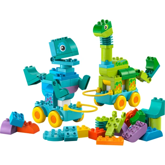LEGO DUPLO 3 az 1-ben Dinoszauruszok kerekeken 10451 – Diplodocus, T-Rex, Triceratops, Stegosaurus, Pteranodon és Parasaurolophus építőjáték gyermekeknek