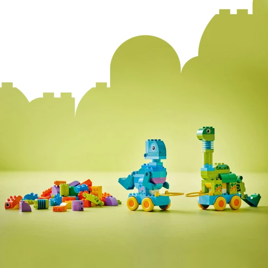 LEGO DUPLO 3 az 1-ben Dinoszauruszok kerekeken 10451 – Diplodocus, T-Rex, Triceratops, Stegosaurus, Pteranodon és Parasaurolophus építőjáték gyermekeknek