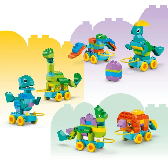 LEGO DUPLO 3 az 1-ben Dinoszauruszok kerekeken 10451 – Diplodocus, T-Rex, Triceratops, Stegosaurus, Pteranodon és Parasaurolophus építőjáték gyermekeknek