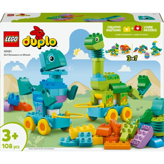 LEGO DUPLO 3 az 1-ben Dinoszauruszok kerekeken 10451 – Diplodocus, T-Rex, Triceratops, Stegosaurus, Pteranodon és Parasaurolophus építőjáték gyermekeknek