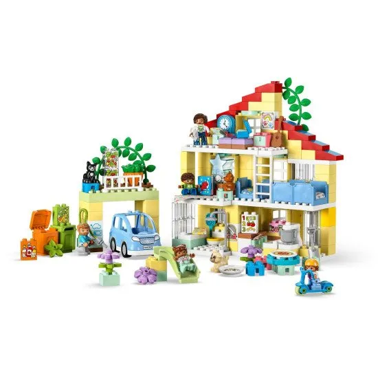 LEGO DUPLO Családi ház 3 az 1-ben: Háromszintes ház, garázs autóval és növényekkel teli kert.