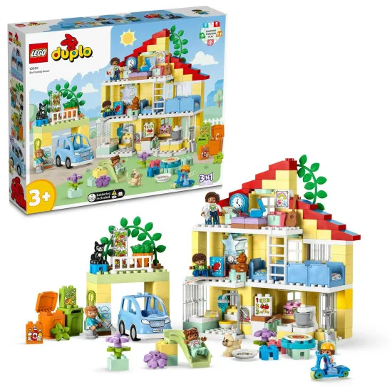 LEGO DUPLO Családi ház 3 az 1-ben: Háromszintes ház, garázs autóval és növényekkel teli kert.