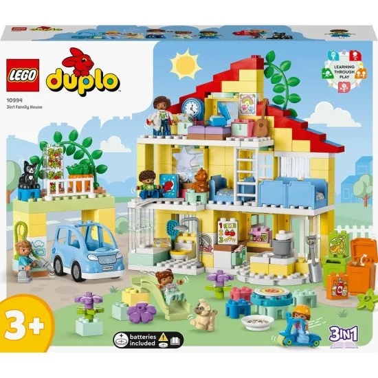 LEGO DUPLO Családi ház 3 az 1-ben: Háromszintes ház, garázs autóval és növényekkel teli kert.