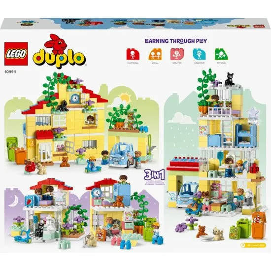 LEGO DUPLO Családi ház 3 az 1-ben: Háromszintes ház, garázs autóval és növényekkel teli kert.