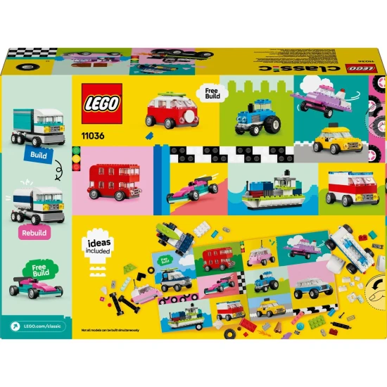 LEGO Classic Kreatív járművek LEGO® Classic Creative járművek (11036) – 900 kockát és 52 kereket tartalmazó készlet különböző színű járművek építéséhez 5 éves kortól.