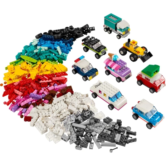 LEGO Classic Kreatív járművek LEGO® Classic Creative járművek (11036) – 900 kockát és 52 kereket tartalmazó készlet különböző színű járművek építéséhez 5 éves kortól.