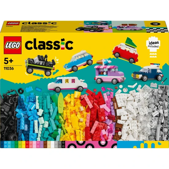 LEGO Classic Kreatív járművek LEGO® Classic Creative járművek (11036) – 900 kockát és 52 kereket tartalmazó készlet különböző színű járművek építéséhez 5 éves kortól.