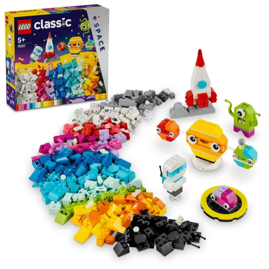 LEGO® Classic Creative Planets (11037) gyerekeknek szánt építőkészlet űrsiklóval, űrhajós- és naprendszer-modellekkel, színes blokkokkal és világító elemekkel az éjszakai űrkutatáshoz.