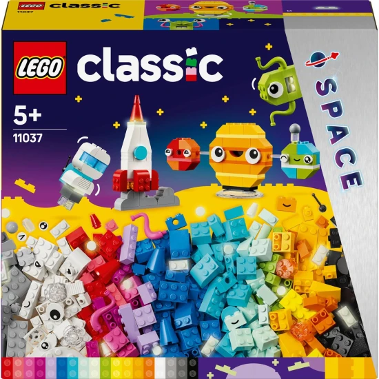 LEGO® Classic Creative Planets (11037) gyerekeknek szánt építőkészlet űrsiklóval, űrhajós- és naprendszer-modellekkel, színes blokkokkal és világító elemekkel az éjszakai űrkutatáshoz.