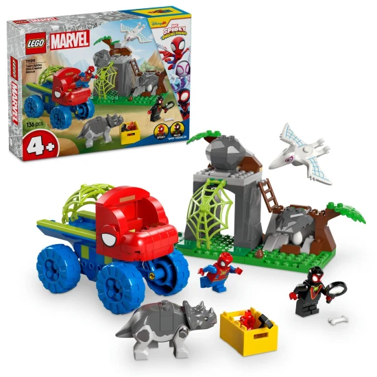 LEGO® Marvel 11199: Pók csapata és Dinosaur Rescue with Truck – Akcióminifigurák és dinoszauruszok.