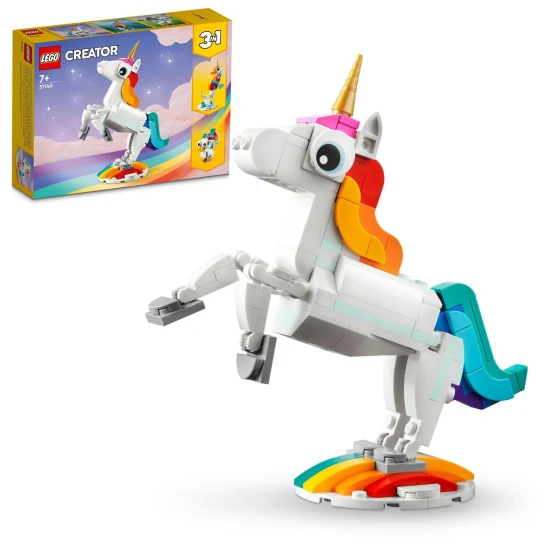 A LEGO® Creator 3 az 1-ben építőkészlet (31140) egy varázslatos egyszarvúval, csikóhalral és pávával, színes, pozícionálható modelleket tartalmaz az építkezéshez és a bemutatáshoz, ideális 7 éves és idősebb gyermekek számára.