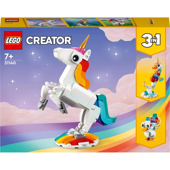 A LEGO® Creator 3 az 1-ben építőkészlet (31140) egy varázslatos egyszarvúval, csikóhalral és pávával, színes, pozícionálható modelleket tartalmaz az építkezéshez és a bemutatáshoz, ideális 7 éves és idősebb gyermekek számára.