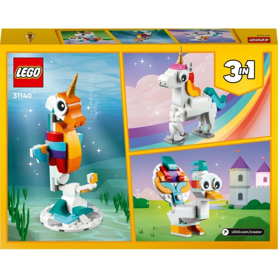 A LEGO® Creator 3 az 1-ben építőkészlet (31140) egy varázslatos egyszarvúval, csikóhalral és pávával, színes, pozícionálható modelleket tartalmaz az építkezéshez és a bemutatáshoz, ideális 7 éves és idősebb gyermekek számára.