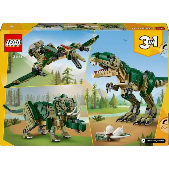 LEGO® Creator 3 az 1-ben modellek: T-Rex, Triceratops és Pterodactyl működés közben – a tökéletes készlet a dinoszauruszok szerelmeseinek.