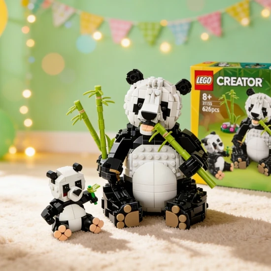 LEGO CREATOR Vadon élő állatok: Panda család - panda kölyökkel a dzsungelben és különféle újraépíthető állatmodellekkel.