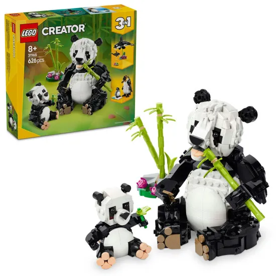 LEGO CREATOR Vadon élő állatok: Panda család - panda kölyökkel a dzsungelben és különféle újraépíthető állatmodellekkel.