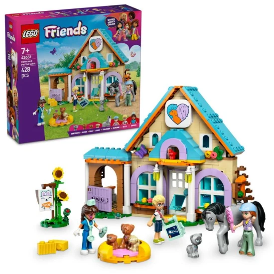 LEGO Friends 42651 – Állatkórház lovaknak és házi kedvenceknek minifigurákkal, lóval, kutyákkal és macskával