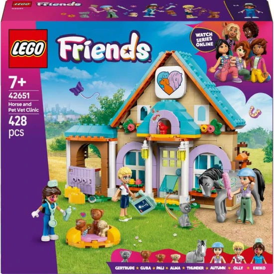 LEGO Friends 42651 – Állatkórház lovaknak és házi kedvenceknek minifigurákkal, lóval, kutyákkal és macskával