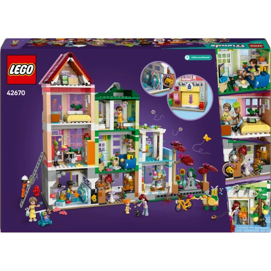 LEGO® Friends 42670 Heartlake apartmanok és üzletek – kreatív építőkészlet 9 karakterrel, pékséggel, kerámiastúdióval és egyéb részletekkel.