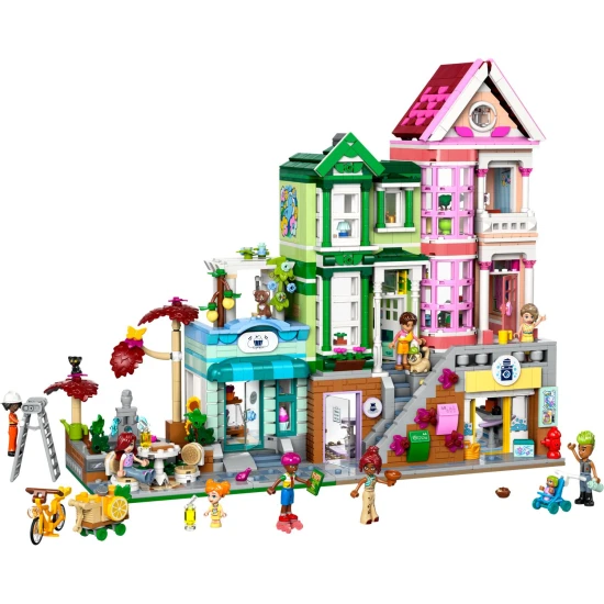 LEGO® Friends 42670 Heartlake apartmanok és üzletek – kreatív építőkészlet 9 karakterrel, pékséggel, kerámiastúdióval és egyéb részletekkel.