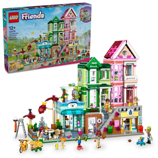 LEGO® Friends 42670 Heartlake apartmanok és üzletek – kreatív építőkészlet 9 karakterrel, pékséggel, kerámiastúdióval és egyéb részletekkel.