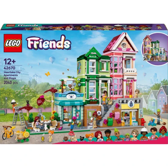 LEGO® Friends 42670 Heartlake apartmanok és üzletek – kreatív építőkészlet 9 karakterrel, pékséggel, kerámiastúdióval és egyéb részletekkel.