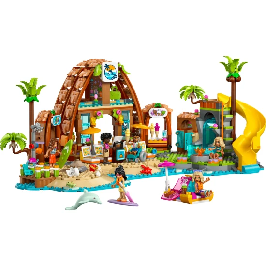 LEGO Friends 42673 Családi nyaralás a tengerparton – 6 minibaba, delfin, teknőc és kiegészítők a strand- és vízi játékhoz