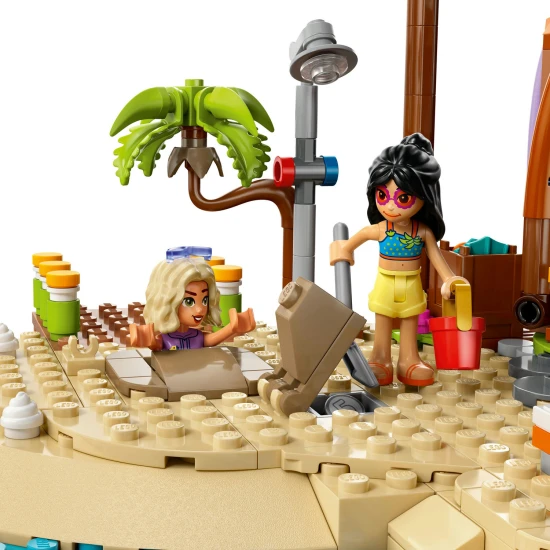 LEGO Friends 42673 Családi nyaralás a tengerparton – 6 minibaba, delfin, teknőc és kiegészítők a strand- és vízi játékhoz