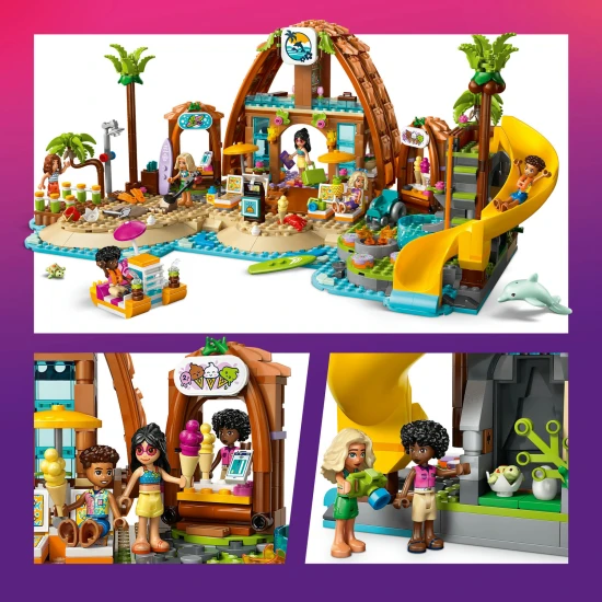 LEGO Friends 42673 Családi nyaralás a tengerparton – 6 minibaba, delfin, teknőc és kiegészítők a strand- és vízi játékhoz