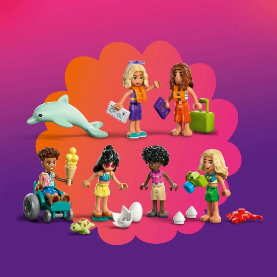 LEGO Friends 42673 Családi nyaralás a tengerparton – 6 minibaba, delfin, teknőc és kiegészítők a strand- és vízi játékhoz