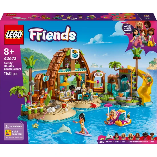 LEGO Friends 42673 Családi nyaralás a tengerparton – 6 minibaba, delfin, teknőc és kiegészítők a strand- és vízi játékhoz