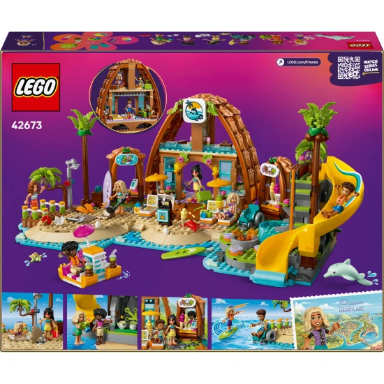 LEGO Friends 42673 Családi nyaralás a tengerparton – 6 minibaba, delfin, teknőc és kiegészítők a strand- és vízi játékhoz